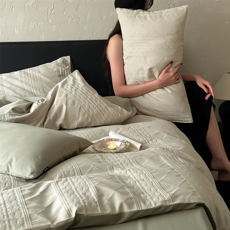 安缦春也高级感60s色织提花全棉四件套北欧风100s贡缎长绒棉床品