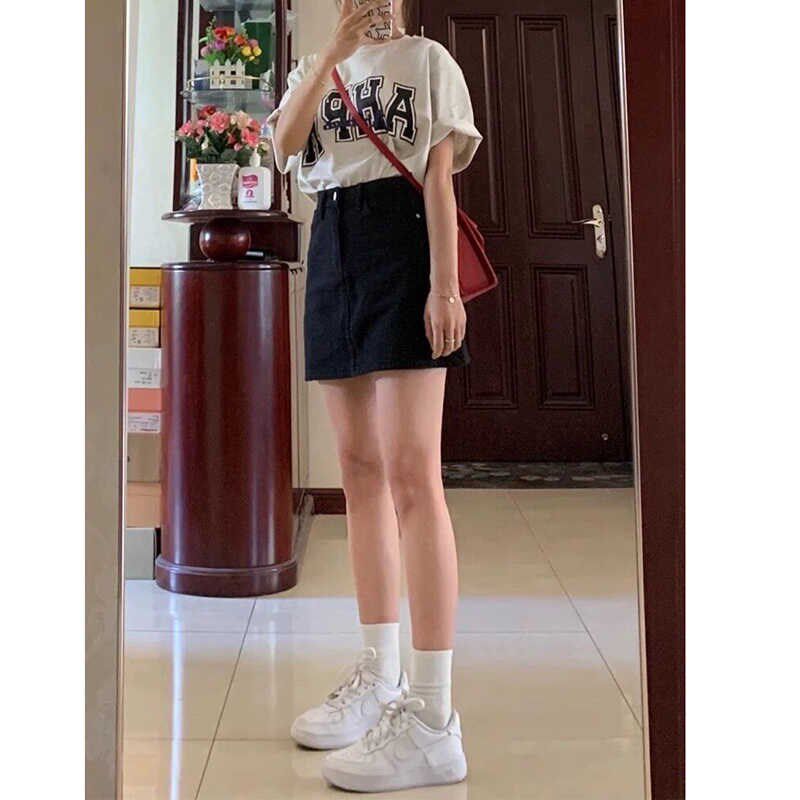 黑色牛仔短裙女夏季新款大码胖mm高腰显瘦a字梨形身材遮胯半身裙