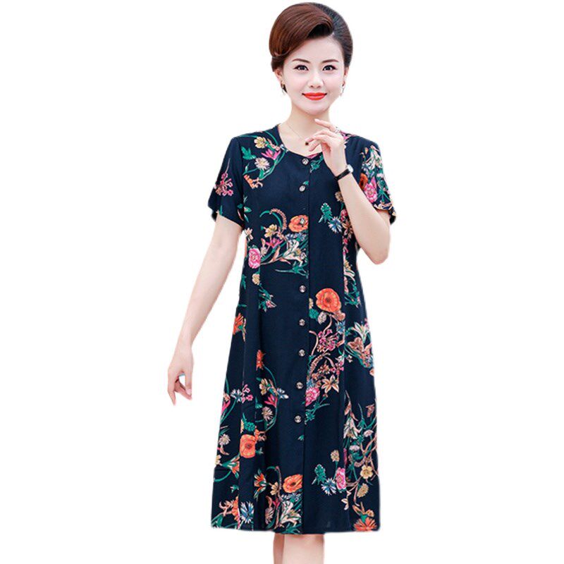 妈妈装棉绸连衣裙开衫中老年人夏装女50岁60宽松大码奶奶短袖裙子