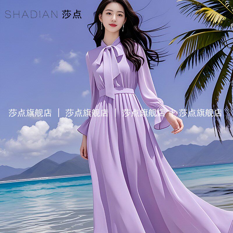2025新款紫色雪纺连衣裙女夏气质海边度假薄纱长裙沙滩裙大摆裙