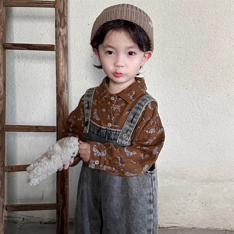 暮晨家新款春装2025男童复古牛仔背带裤中小童森系毛边乞丐裤长裤