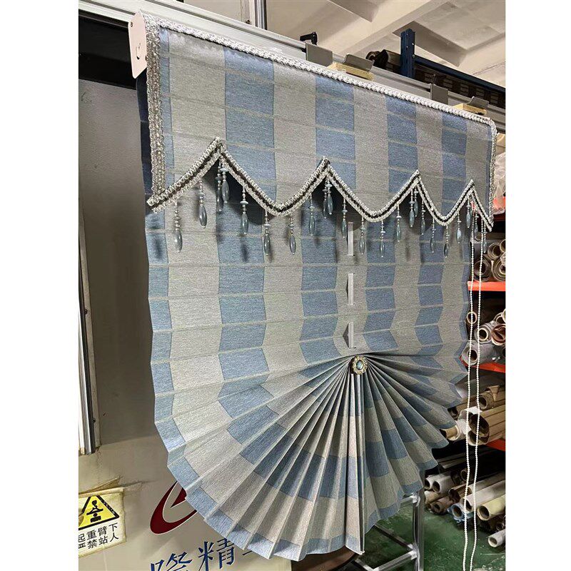 拼色蓝灰双色窗帘遮光气质简约拉升降免打孔卧室书房阳台扇形卷帘