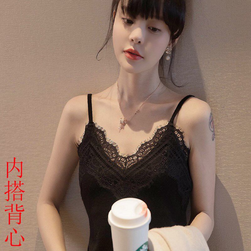 2024新品睫毛蕾丝吊带背心女无袖打底衫女内搭修身显瘦V领女上衣