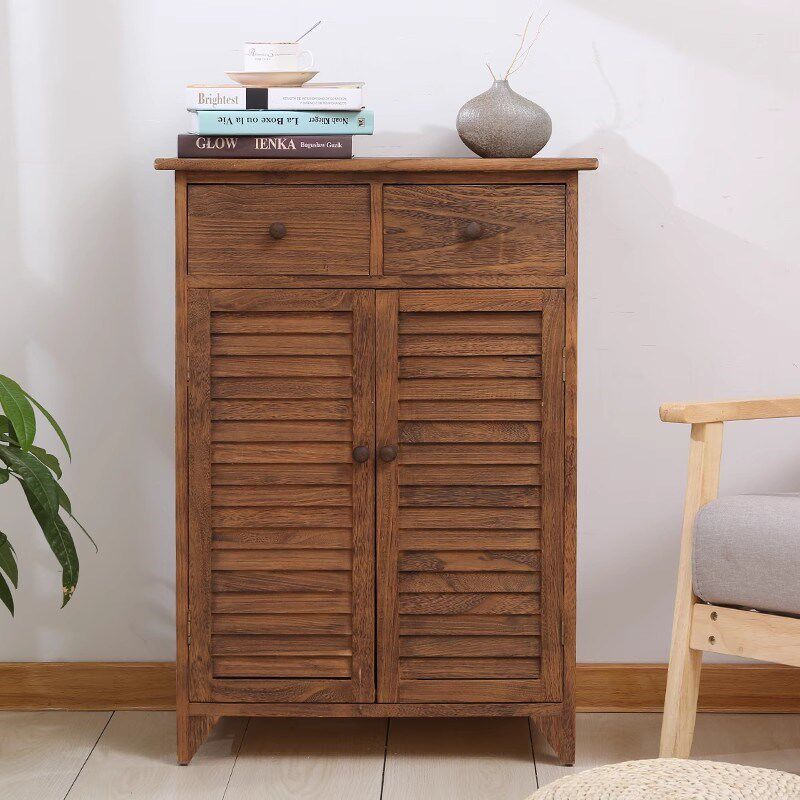 新款实木百叶门鞋柜梧桐木鞋柜百叶门多功能对开门大容量玄关柜子