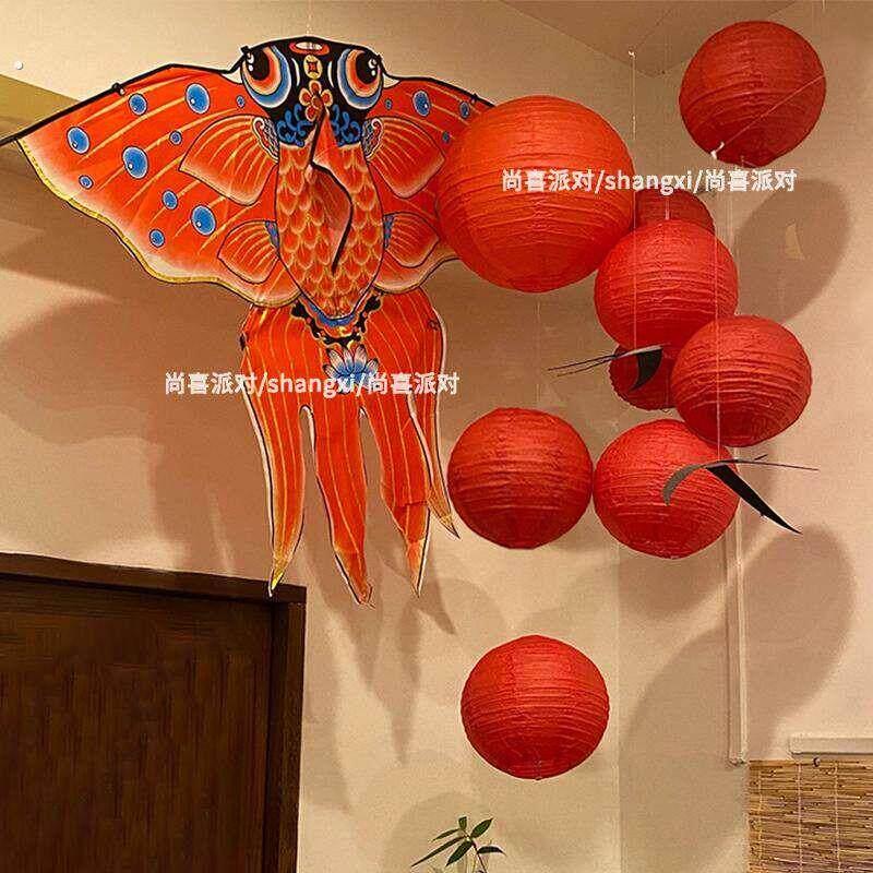 新年锦鲤风筝春节中式过年红色灯笼挂件幼儿园布置装饰背景墙挂饰