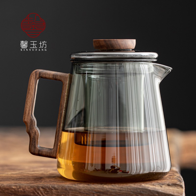 馨玉坊加厚玻璃泡茶壶胡桃木把茶水分离带过滤煮茶器家用花茶壶