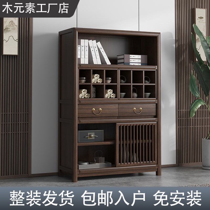 新中式餐边柜立柜茶叶柜茶室家具实木榆木黑胡桃色简约禅意茶边柜