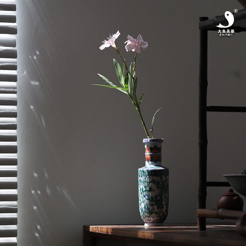 大鱼美器 斗彩竹纹瓶 纯手工花瓶景德镇陶瓷茶洗花插花器小号瓶子