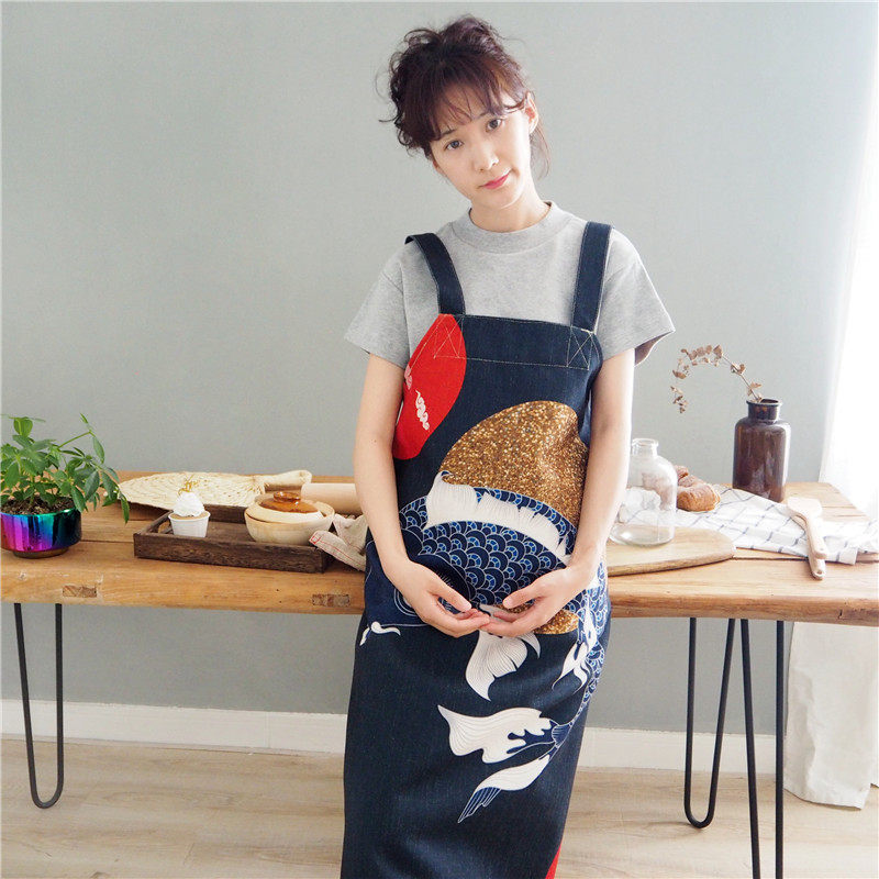 日式招财猫布艺家居围裙厨师围腰厨房烘焙工作服男女做饭罩衣家用