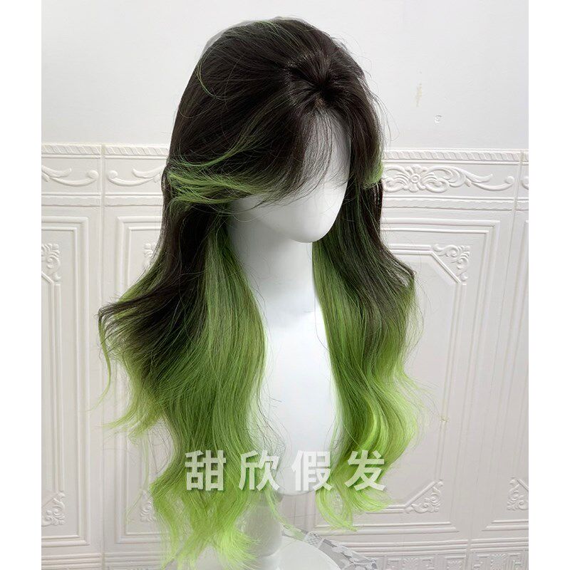 甜心假发女新款少女感长卷发蜥蜴绿渐变甜美可爱氛围感全头套假发