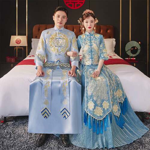 2026新款秀禾服夏季高定蓝色嫁衣秀和礼服龙凤褂喜服出阁敬酒服高