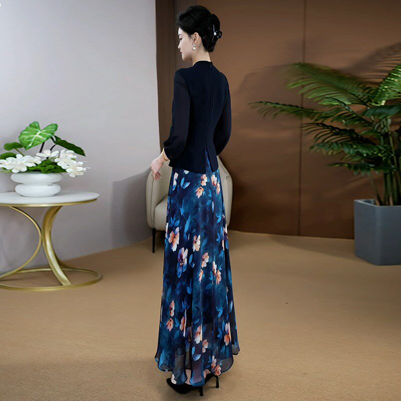 轻奢高级感连衣裙女2025初夏穿搭设计感显瘦雪纺假两件超长裙029