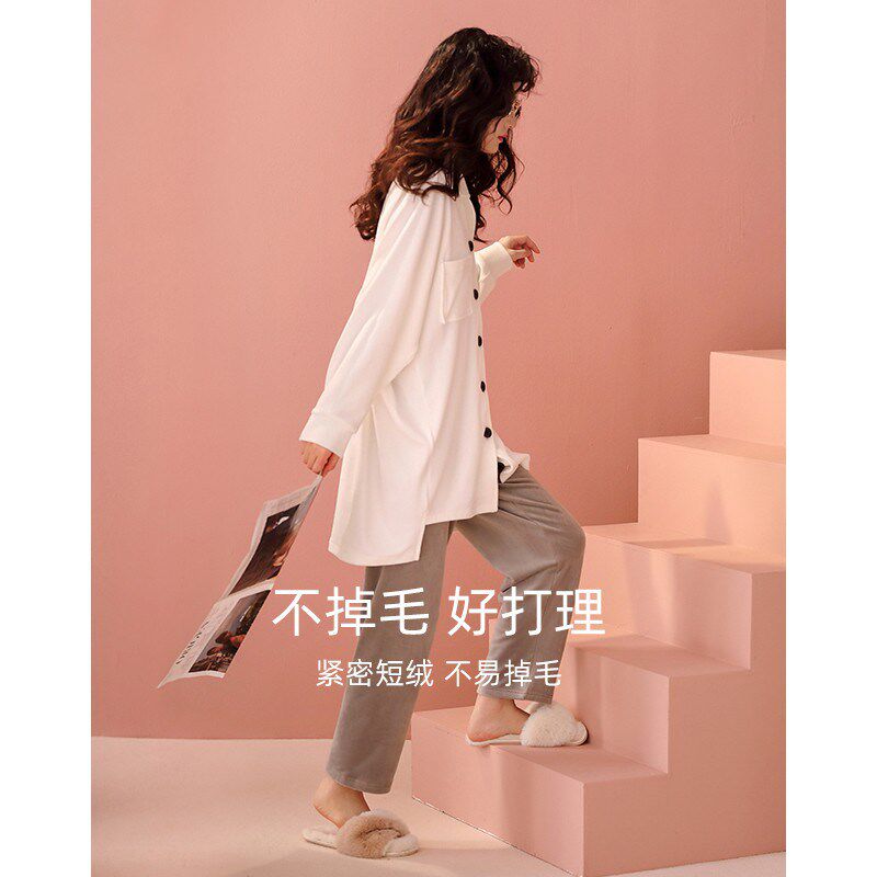 秋冬季珊瑚绒睡衣女冬款白色中长款家居服春秋保暖海岛绒薄绒套装