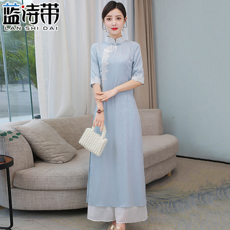改良版唐装旗袍上衣春夏中式女装中长款提花茶艺师服装女禅意文艺