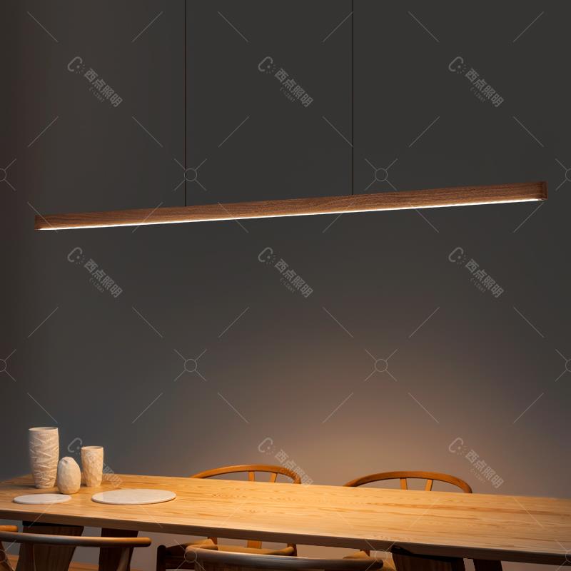 中古风餐厅吊灯简约全光谱一字长条护眼实木黑胡桃木茶室吧台餐桌