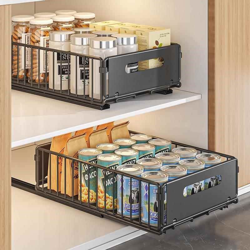 厨房下水槽置物架抽拉式拉篮双层放调料零食瓶罐收纳架橱柜分层架