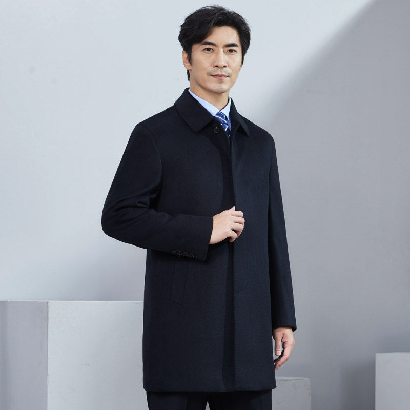 红都男装成熟稳重中老年男士大衣中长版羊毛呢子加棉厚款翻领外套