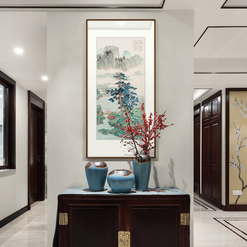 新中式玄关装饰画走廊过道竖幅挂画客厅国画山水画背景墙青山放舟