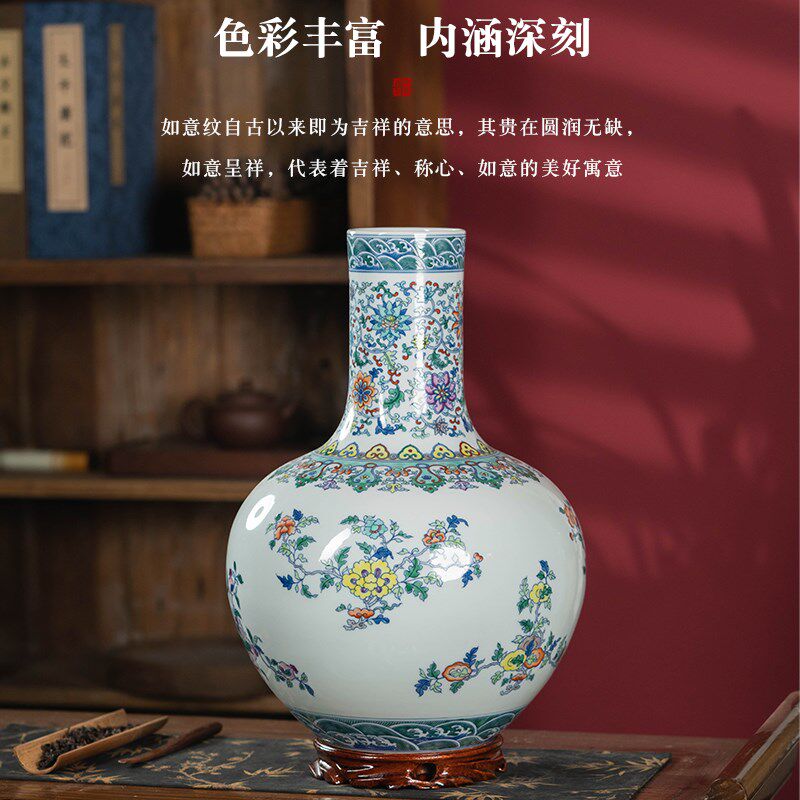 景德镇陶瓷花瓶复古瓷瓶中式三多天球瓶客厅酒柜瓷器装饰高档礼品