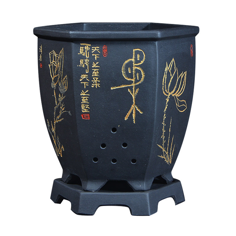 宜兴陶瓷紫砂兰花盆家用带托盘君子兰蝴蝶兰建兰兰草六角花盆盆栽