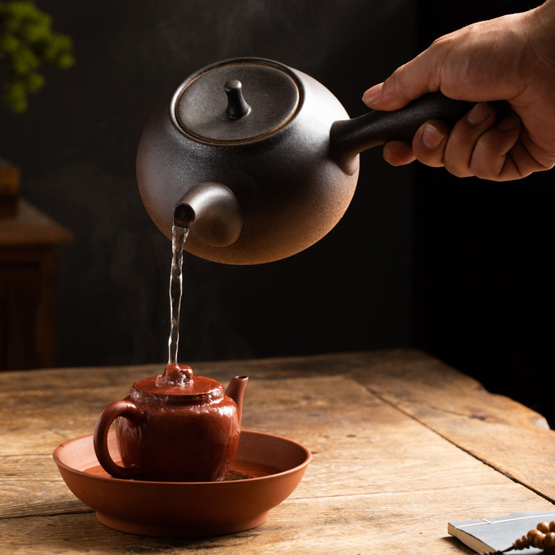 复古炭炉煮茶壶侧把烧水壶陶瓷小号家用阳台客厅户外带耳不锈钢胆