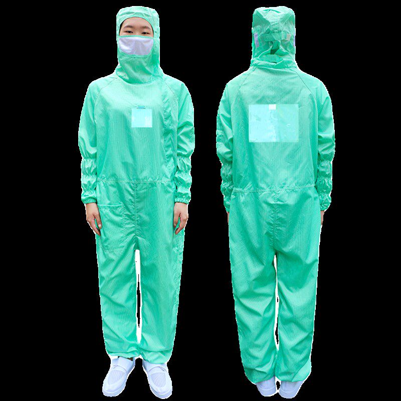 百级无尘服网格连体有口袋格子加背标贴背袋透明卡槽防静电洁净服