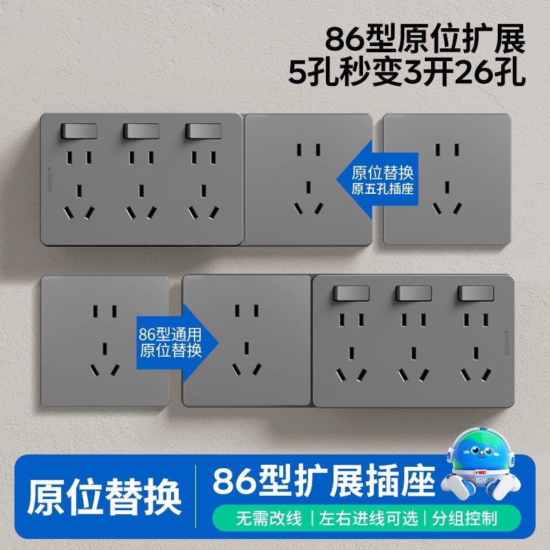 86型扩展式插座带开关左右延伸转换器拓展多孔位插排插线孔接线板图片