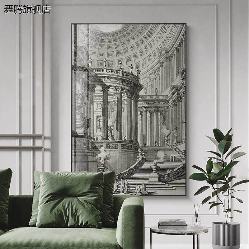新品复古装饰画客厅沙发背景墙挂画城堡建筑艺术黑白简约巨幅壁画