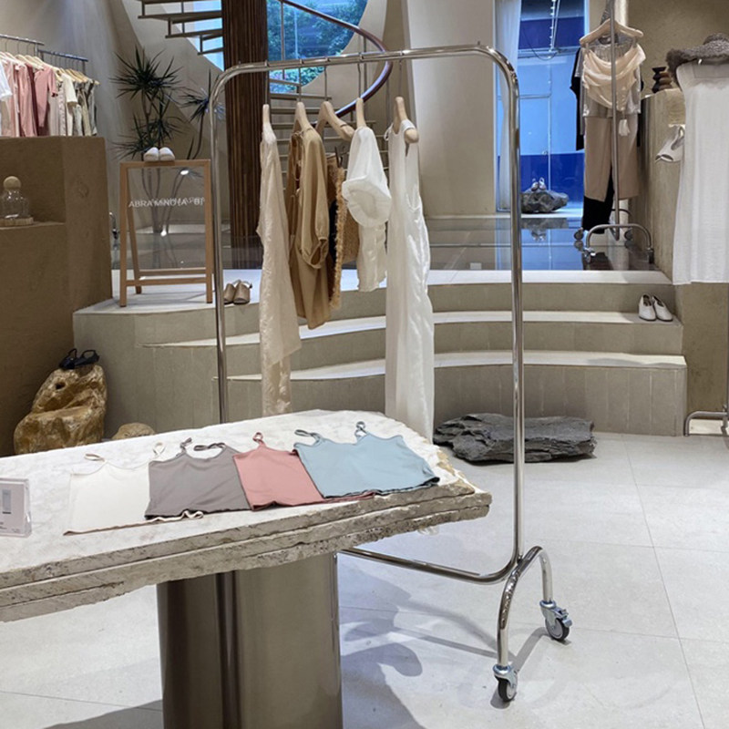 服装店展示架带轮子银色中岛货架不锈钢挂衣杆女装店落地式陈列架