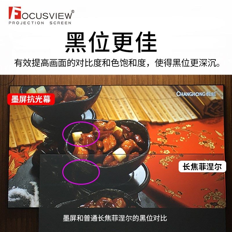 焦点屏幕 墨屏中长焦黑栅抗光幕超大视角支持侧投家庭影院抗光幕