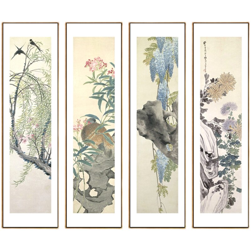 新中式玄关走廊过道装饰画牡丹花卉四联壁画客厅沙发背景墙挂画竖