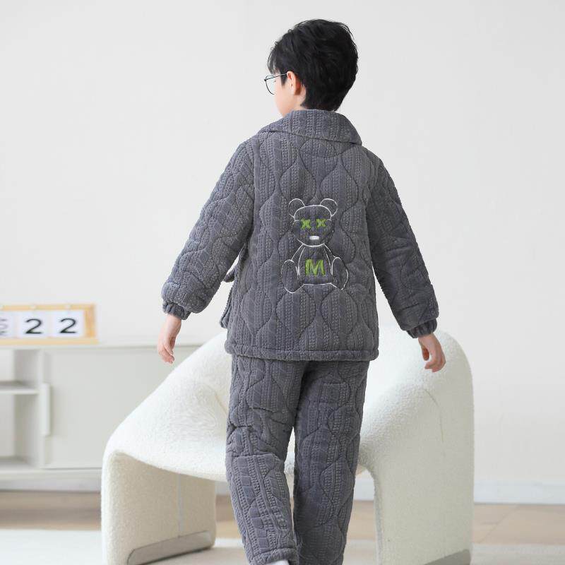 噜噜牛2024冬季儿童睡衣男童珊瑚绒三层夹棉加厚男孩中大童家居服