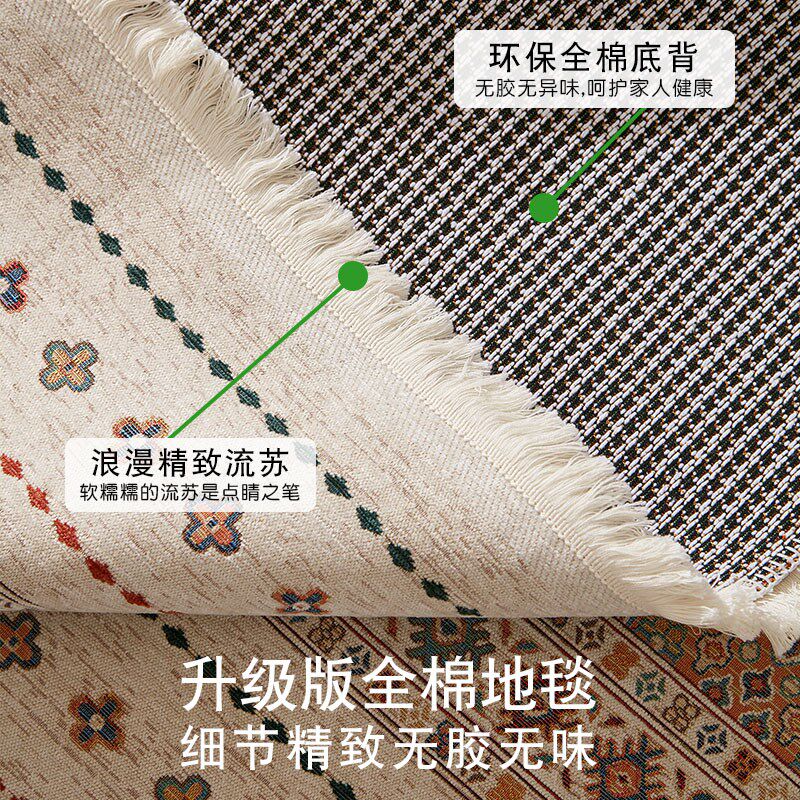 希然棉加丝编织无胶地毯可机洗美式法式轻奢中古风客厅卧室床边毯