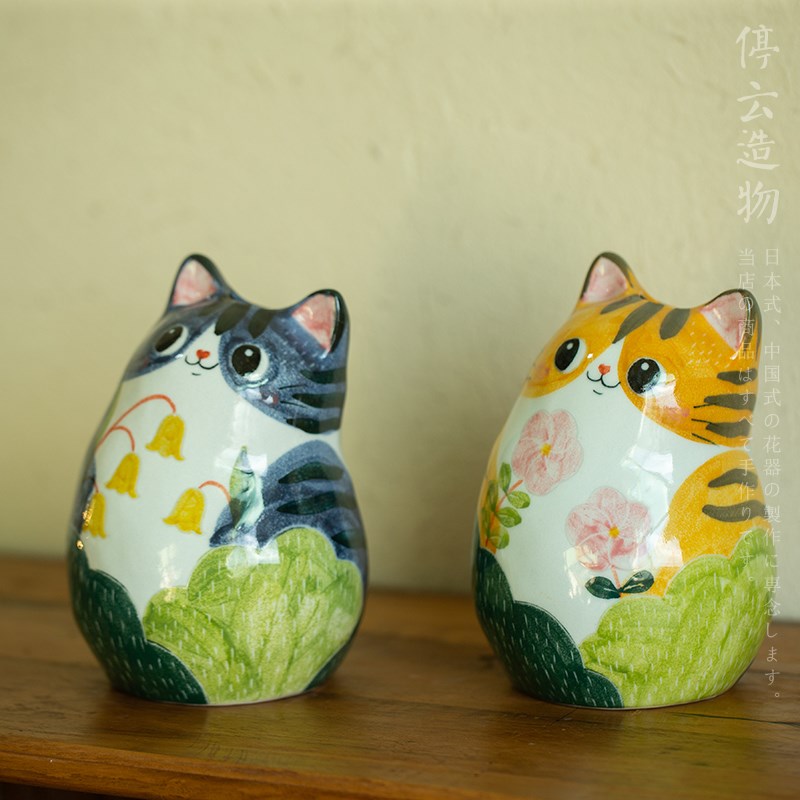 观瓷 猫形插花花器创意手绘陶瓷花瓶景德镇手工可爱猫咪摆件装饰