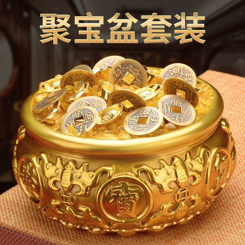 纯黄铜聚宝盆摆件聚财招财摆件沈万三八福加厚聚宝盆店铺公司开业