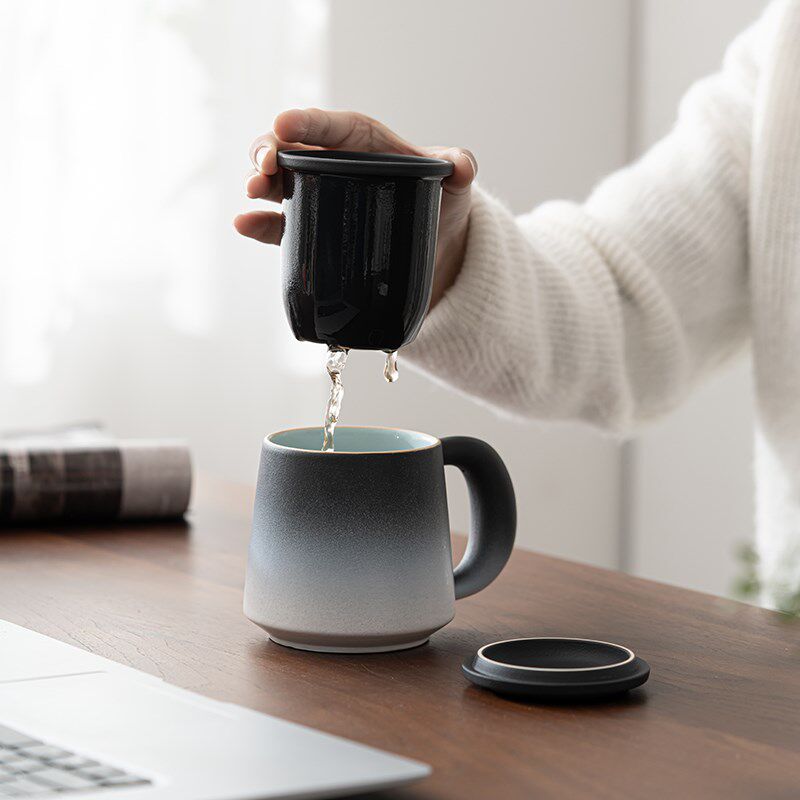 记今朝《丰腴办公杯》黑白过滤茶杯个人专用陶瓷水杯带盖 侘寂杯