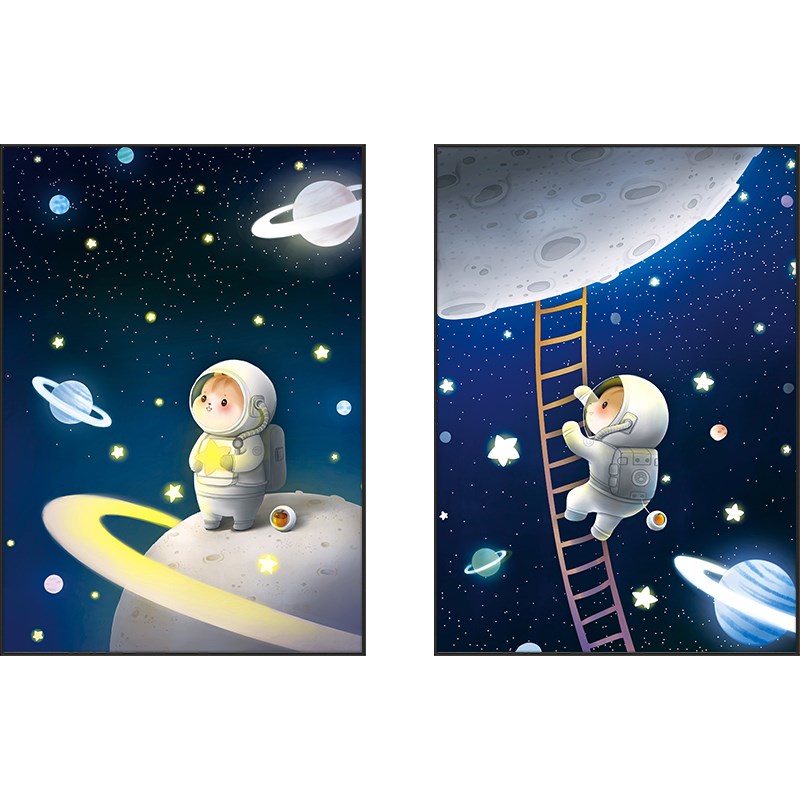 起贝 卡通太空宇航员装饰画儿童房挂画男孩儿子房间背景墙面壁画
