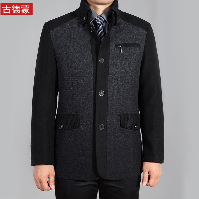 中老年人呢子外套男爸爸装秋冬季拼色立领茄克衫毛呢夹克男士上衣