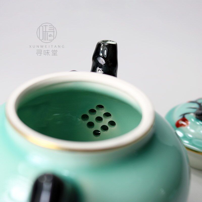 描金青瓷浮雕梅花壶唐月窑高档茶壶泡茶壶家用中式陶瓷功夫茶具