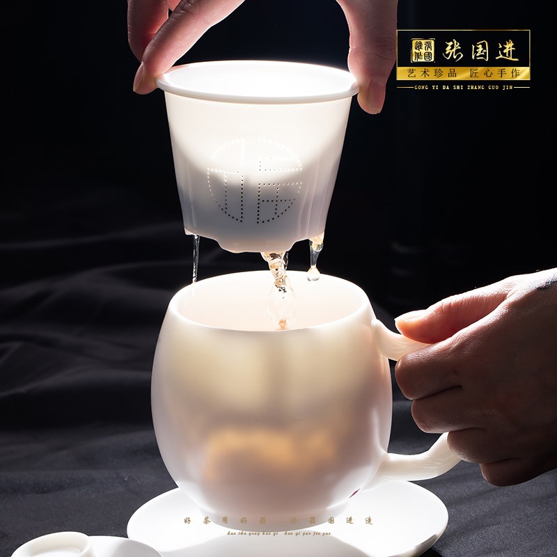 张国进手造办公杯个人专用高档茶杯男女专用带盖茶水分离荷韵水杯