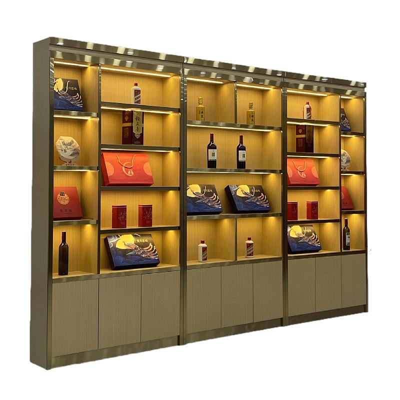 礼品礼盒展示架烟酒茶展示柜海参特产干货货架实木带灯货架组合柜