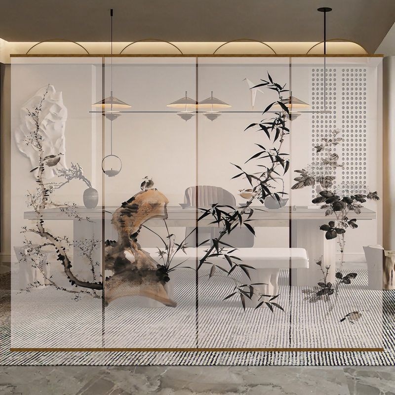 半透明花鸟莲花古风透景屏风纱中式卷帘隔断帘挂帘窗帘透光纱帘