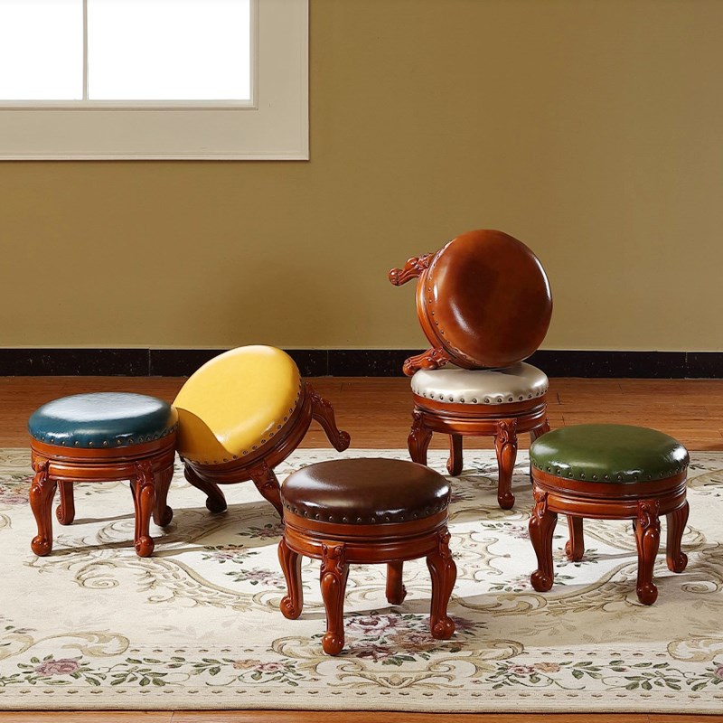 美式实木圆凳客厅沙发凳茶几矮凳家用门口换鞋凳欧式小凳子皮板凳