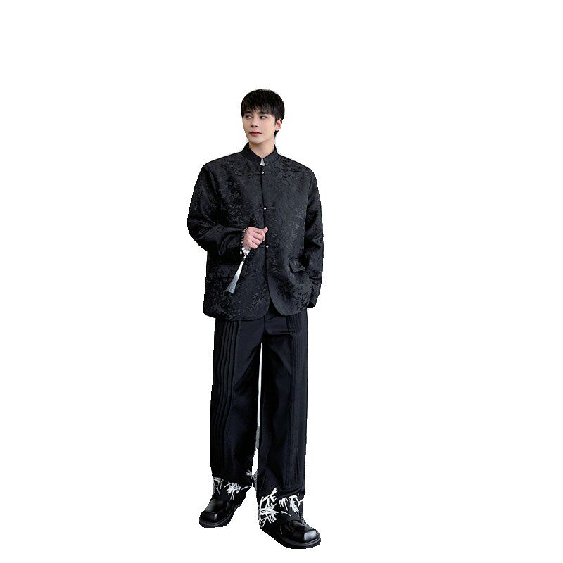 春季新中式提花暗纹珍珠盘扣新中式西服外套男设计感立领休闲西装