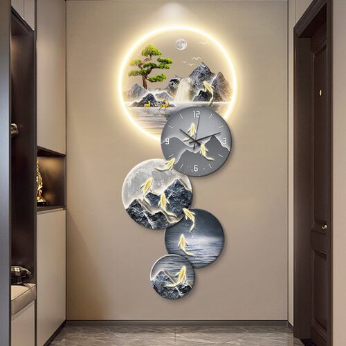 九鱼图挂钟入户玄关装饰画高端壁画走廊过道挂画正对门轻奢高级感