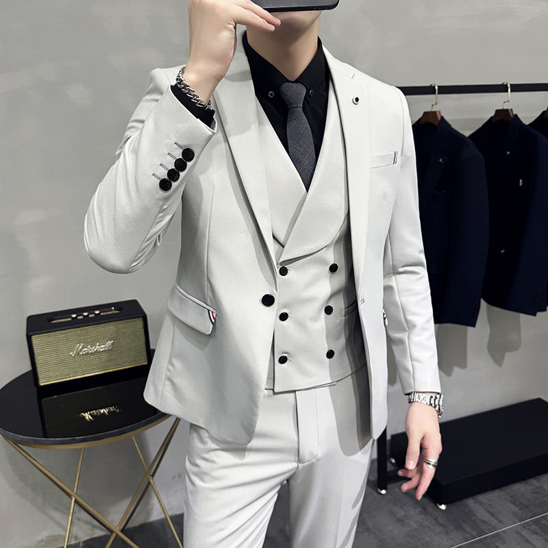 墨绿色西服男套装高档主持人礼服双排扣马甲修身西装三件套