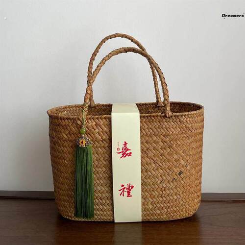 草编流苏手提篮复古中式实用野餐篮外出购物篮收纳篮果篮采摘厂家