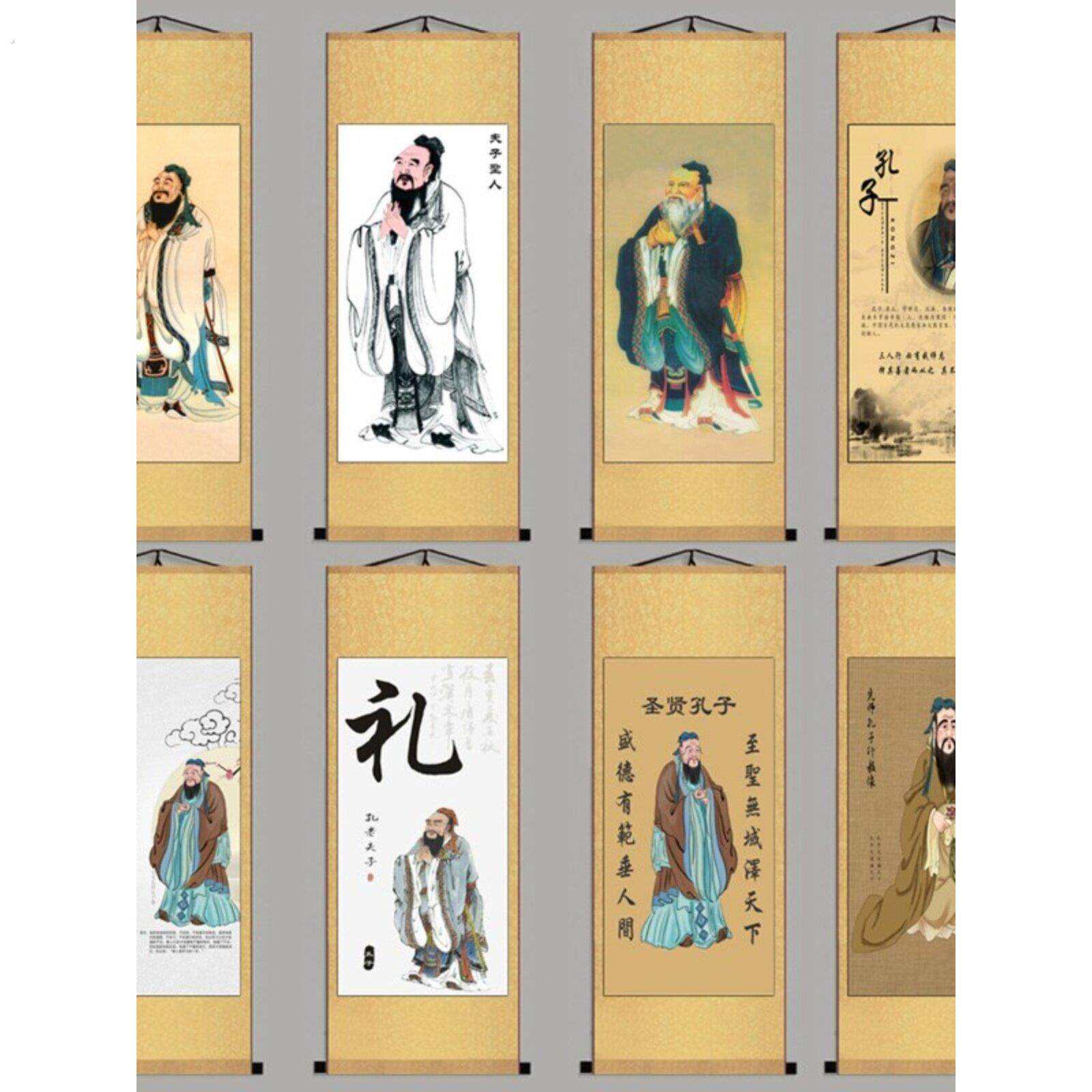 厂家孔子像挂画孔子画像挂图孔夫子挂像教室客厅中堂丝绸画卷轴装