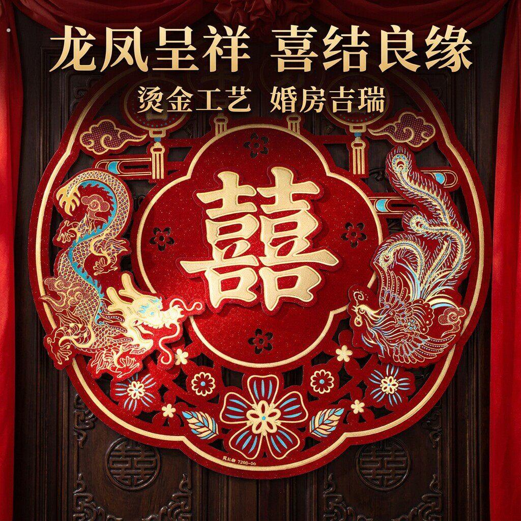 大门口喜字贴结婚门贴拍照道具双喜对联磁吸入户门农村婚礼房装饰