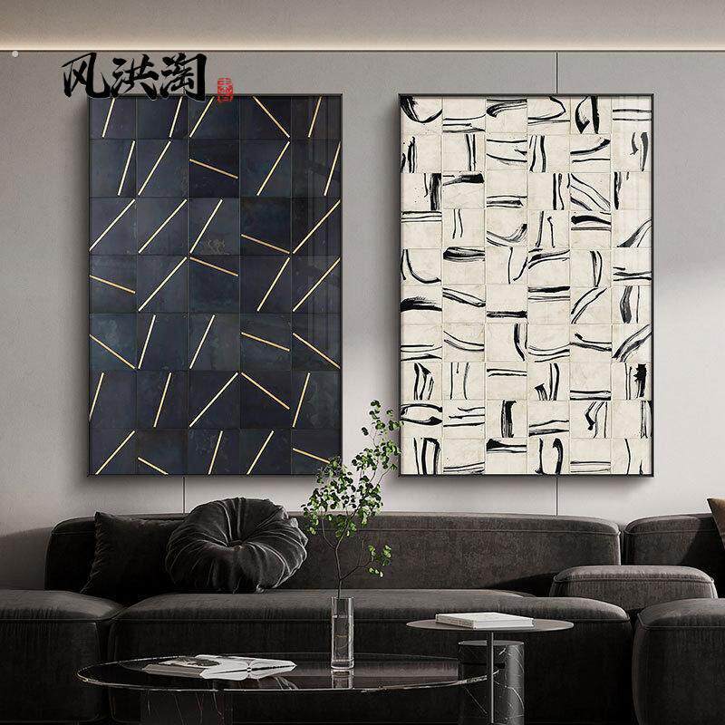 黑白灰诧寂风格子抽象装饰画简约客厅背景墙挂画玄关走廊壁画软装